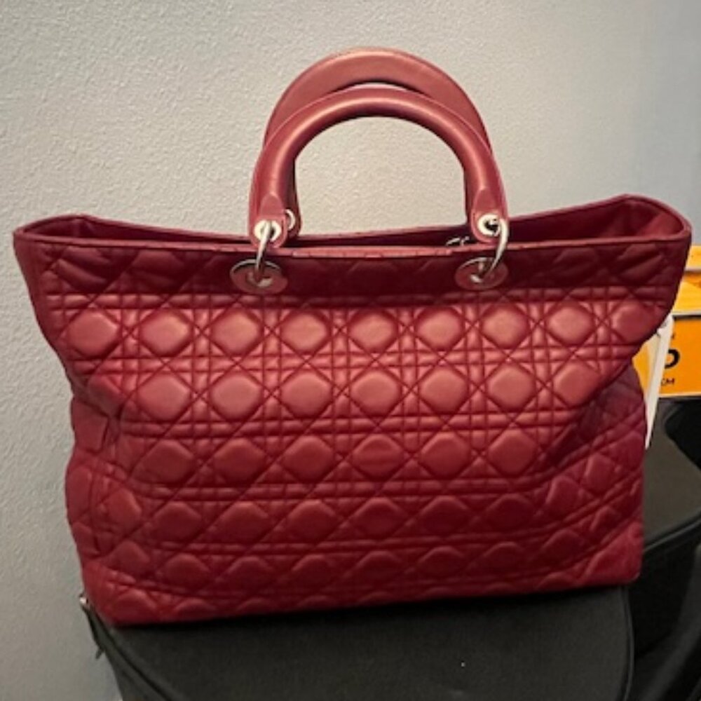 EUC Christian Dior Extra Large Lady Dior – Deep Red Cannage Lambskin | Silver HW - Picture 2 of 13